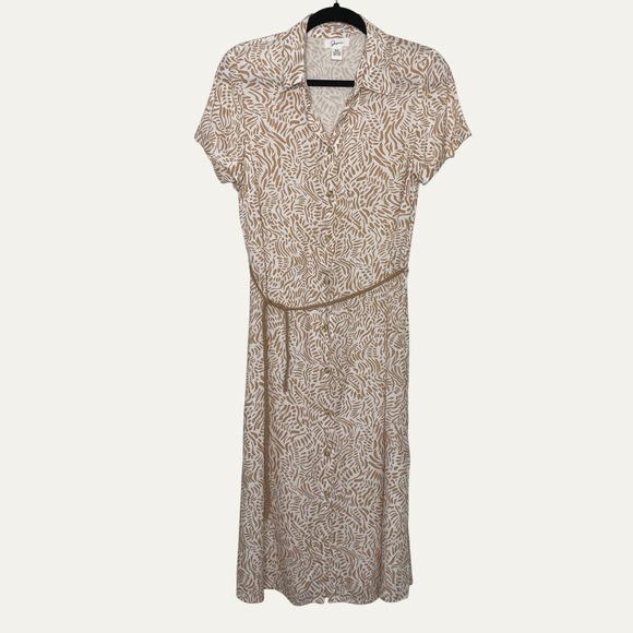 Japna Dresses & Skirts - Japna Midi Dress Womens Medium Tan White Short Sleeve Button Front Resortwear